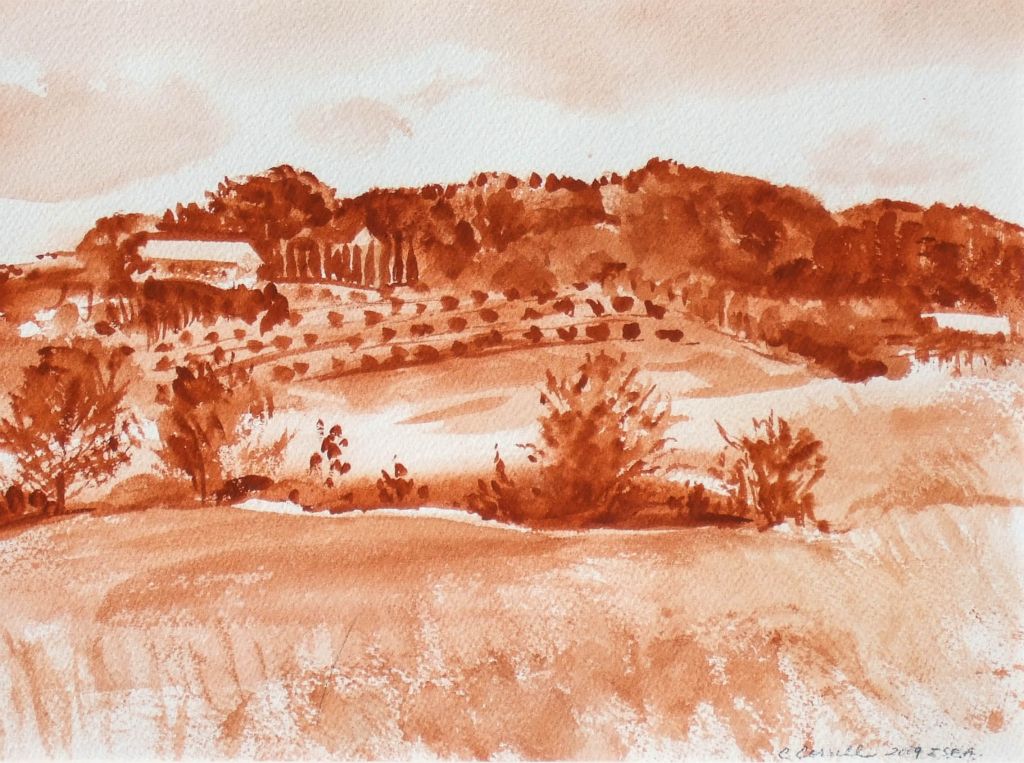 Orchard View No. 1, watercolor on paper, 9"H x 12"W